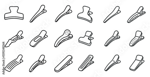 Collection of hair clips in various shapes and sizes. The clips are all lined up in a row, with some being larger and others smaller. Scene is one of organization and order