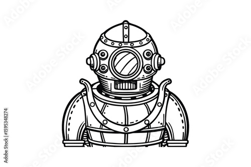 Detailed line art illustration of a vintage diving suit featuring a classic helmet and heavy construction perfect for nautical themes and historical depictions in black