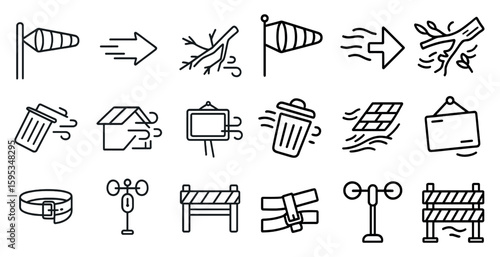 Series of icons depicting various weather conditions and signs. The icons include a wind vane, a house, a sign, a trash can, a traffic sign, a weather vane, a sign, a house, a sign