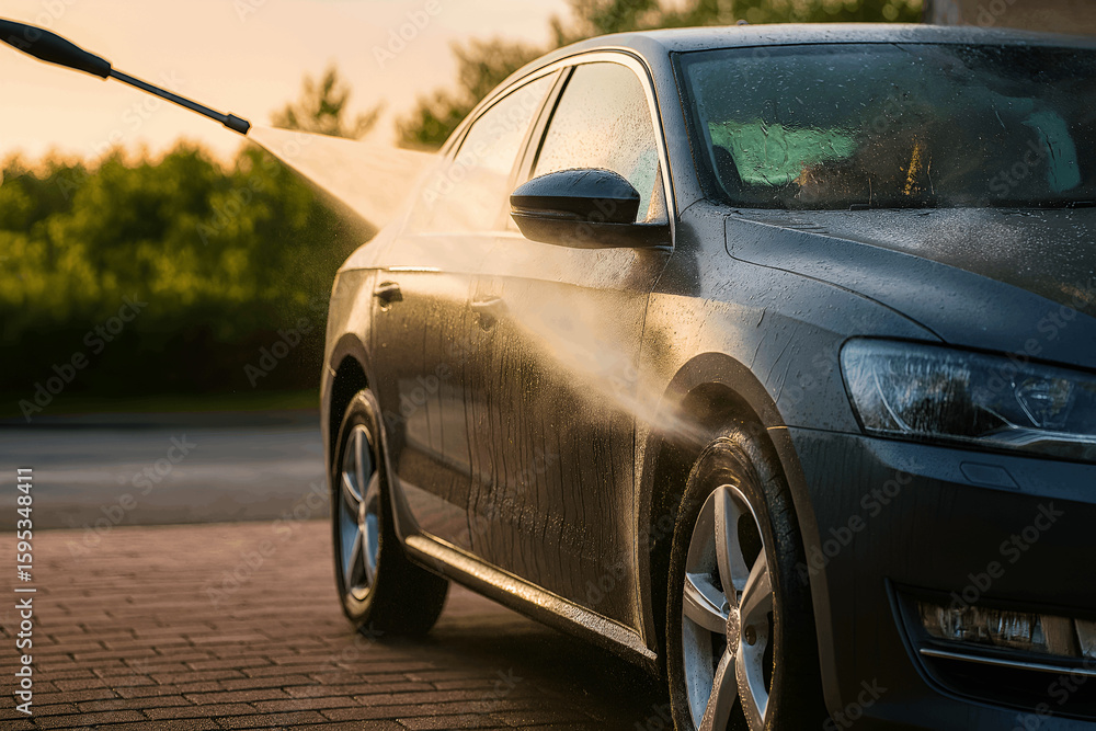 Fototapeta premium Powerful pressure washer blasting dirt off black car at sunset. Dramatic water spray, gleaming paint, outdoor auto detailing, vehicle maintenance, summer car wash service concept.