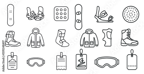Collection of winter sports items including snowboards, skis, and snowshoes. The items are all drawn in a simple, minimalist style