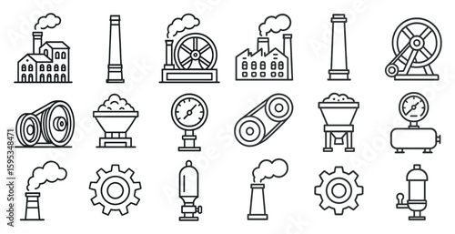 Collection of industrial icons, including a clock, a gear, and a building. The icons are all in black and white and are arranged in a grid