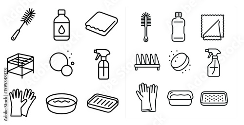 Set of cleaning supplies including a bottle of dish soap, a bottle of glass cleaner, a bottle of all purpose cleaner, a bottle of window cleaner, a bottle of furniture polish, a bottle of floor clea