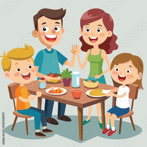A happy family enjoying a meal together around a dining table smiling and cheerful