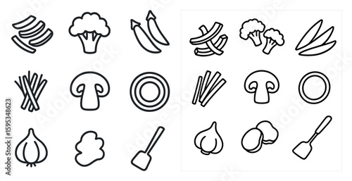 The image is of various vegetables and kitchen utensils. The vegetables include broccoli, mushrooms, and onions, while the utensils include a spoon and a knife. Concept of cooking and preparing food