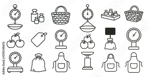 Collection of various kitchen scales and measuring tools. The scales are all different sizes and shapes, and they are all lined up in a row. Concept of organization and precision