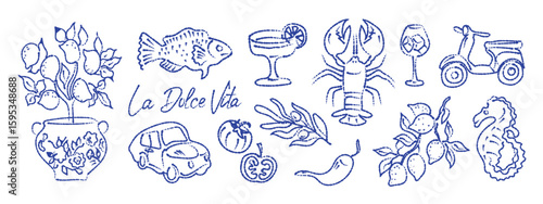 Hand drawn vector illustration in Mediterranean summer style. Rough grunge sketch in charcoal or chalk texture. Perfect for travel posters, prints, and vacation-themed designs.