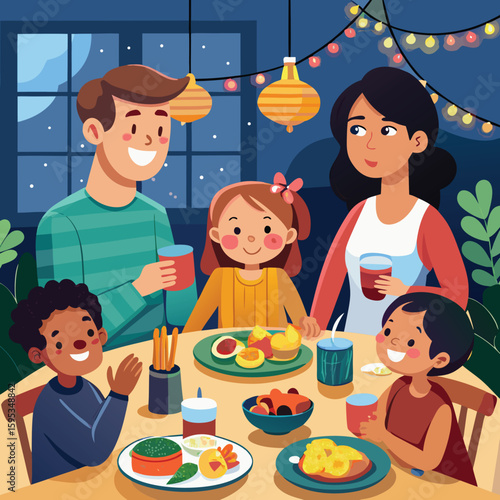 Family enjoying dinner together at home with smiling faces and a warm atmosphere
