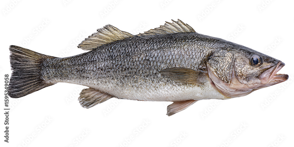 Fototapeta premium Freshly caught European seabass fish showcasing its silvery scales and streamlined body, isolated on black background Concept of seafood, fishing, and healthy eating