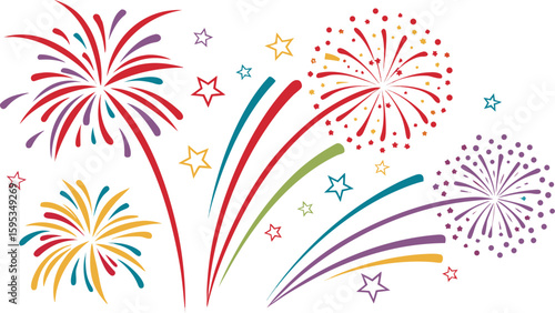 Big set of various fireworks with brightly shining sparks. Colorful pyrotechnics show. Realistic fireworks celebration isolated vector illustration. a realistic and colorful vector illustration