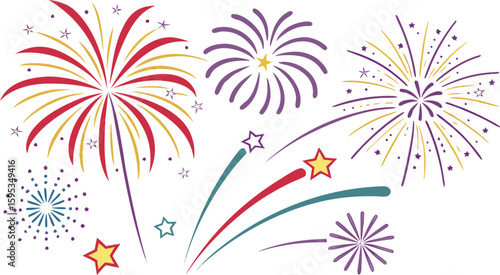 Big set of various fireworks with brightly shining sparks. Colorful pyrotechnics show. Realistic fireworks celebration isolated vector illustration. a realistic and colorful vector illustration