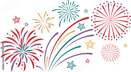 Big set of various fireworks with brightly shining sparks. Colorful pyrotechnics show. Realistic fireworks celebration isolated vector illustration. a realistic and colorful vector illustration