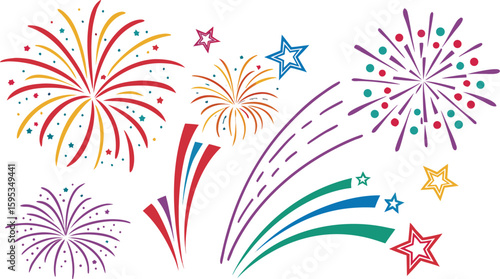 Big set of various fireworks with brightly shining sparks. Colorful pyrotechnics show. Realistic fireworks celebration isolated vector illustration. a realistic and colorful vector illustration