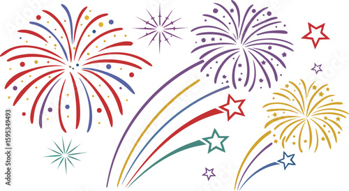 Big set of various fireworks with brightly shining sparks. Colorful pyrotechnics show. Realistic fireworks celebration isolated vector illustration. a realistic and colorful vector illustration
