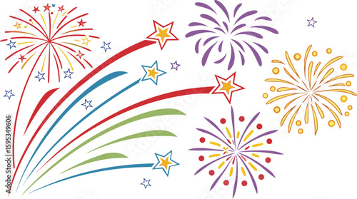 Big set of various fireworks with brightly shining sparks. Colorful pyrotechnics show. Realistic fireworks celebration isolated vector illustration. a realistic and colorful vector illustration