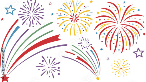 Big set of various fireworks with brightly shining sparks. Colorful pyrotechnics show. Realistic fireworks celebration isolated vector illustration. a realistic and colorful vector illustration
