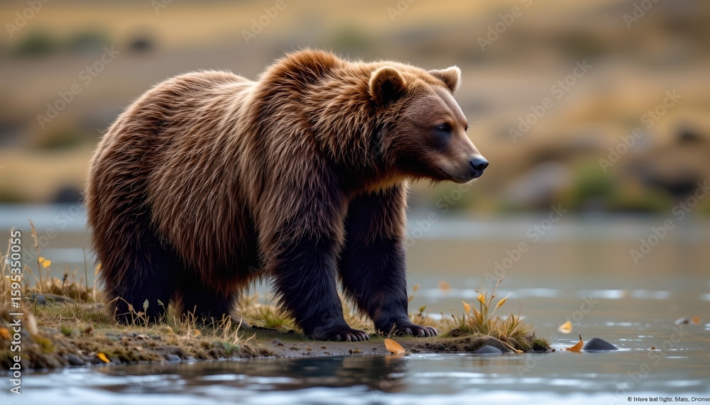 a large grizzly bear is seen walking towards the water's edge in its natural habitat, standing on the bank of a stream. a large grizzly bear is seen walking towards the water's edge in its natural habitat, standing on the bank of a stream.