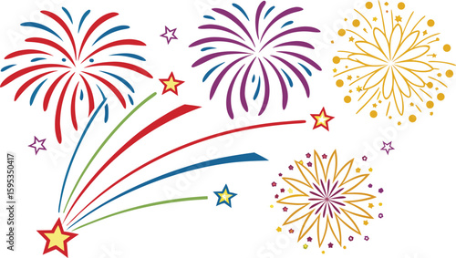 Big set of various fireworks with brightly shining sparks. Colorful pyrotechnics show. Realistic fireworks celebration isolated vector illustration. a realistic and colorful vector illustration