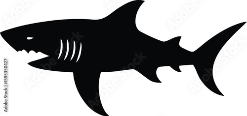Silhouette of a Fierce Ocean Predator An ominous black silhouette of a shark showcasing its dangerous features prowls in the depths an iconic representation of power and danger