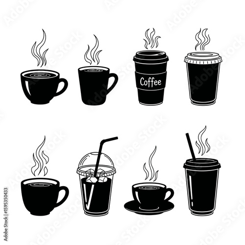 Collection of eight black and white coffee cup and drink container icons