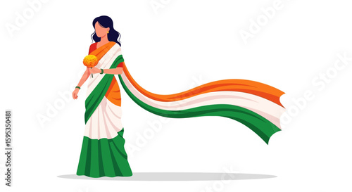 Woman in traditional Indian saree gracefully carries flowing tricolor flag.