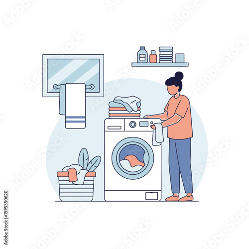 A woman loads laundry into a front-loading washing machine in a modern laundry room with a basket and towels.