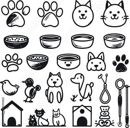  20+ black and white line icons featuring pets and animals such as dog, cat, paw print, fish bowl, pet food bowl, bird, pet house, leash, and grooming tools