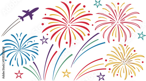 Big set of various fireworks with brightly shining sparks. Colorful pyrotechnics show. Realistic fireworks celebration isolated vector illustration. a realistic and colorful vector illustration