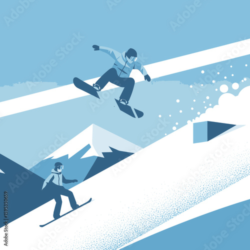 A snowboarder catches big air off a jump on a snowy mountain, while another person rides on the slope below.