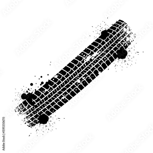 Isolated black tire track with splatters on a white background diagonally
