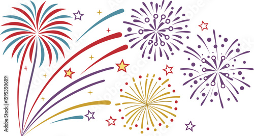 Big set of various fireworks with brightly shining sparks. Colorful pyrotechnics show. Realistic fireworks celebration isolated vector illustration. a realistic and colorful vector illustration