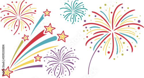Big set of various fireworks with brightly shining sparks. Colorful pyrotechnics show. Realistic fireworks celebration isolated vector illustration. a realistic and colorful vector illustration