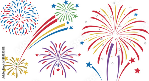 Big set of various fireworks with brightly shining sparks. Colorful pyrotechnics show. Realistic fireworks celebration isolated vector illustration. a realistic and colorful vector illustration