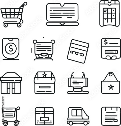 black and white line icons based on online shopping and payment systems. Include shopping cart, mobile wallet, credit card, barcode, delivery box, sale tag, and invoice. Icons should follow a clean