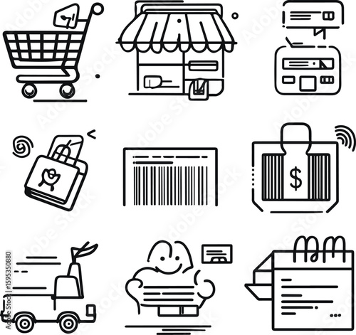 black and white line icons based on online shopping and payment systems. Include shopping cart, mobile wallet, credit card, barcode, delivery box, sale tag, and invoice. Icons should follow a clean, h