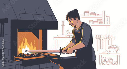 A female blacksmith skillfully forges a sword at her anvil, flames glowing in the forge behind her.