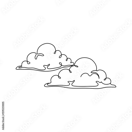 Continuous line drawing of two fluffy clouds isolated on a white background