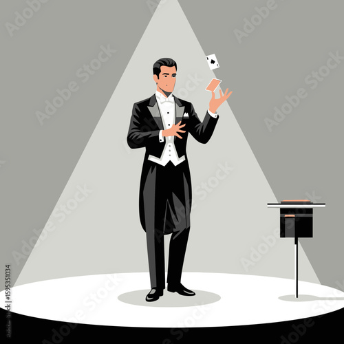 A magician in formal attire performs a card trick on a stage, illuminated by a spotlight.