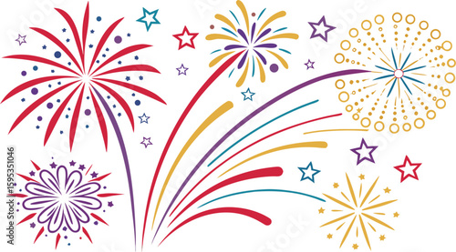 Big set of various fireworks with brightly shining sparks. Colorful pyrotechnics show. Realistic fireworks celebration isolated vector illustration. a realistic and colorful vector illustration