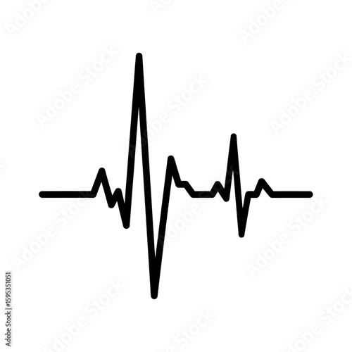 Black line depicting an ekg heart monitor rhythm on a white background field
