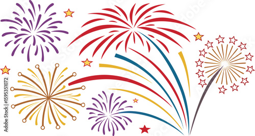 Big set of various fireworks with brightly shining sparks. Colorful pyrotechnics show. Realistic fireworks celebration isolated vector illustration. a realistic and colorful vector illustration