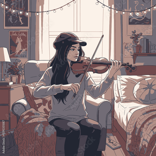 A young woman plays the violin in a cozy, warmly lit bedroom.