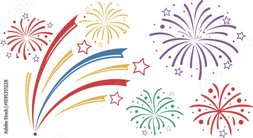 Big set of various fireworks with brightly shining sparks. Colorful pyrotechnics show. Realistic fireworks celebration isolated vector illustration. a realistic and colorful vector illustration