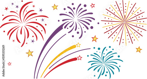 Big set of various fireworks with brightly shining sparks. Colorful pyrotechnics show. Realistic fireworks celebration isolated vector illustration. a realistic and colorful vector illustration