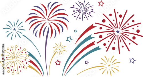 Big set of various fireworks with brightly shining sparks. Colorful pyrotechnics show. Realistic fireworks celebration isolated vector illustration. a realistic and colorful vector illustration