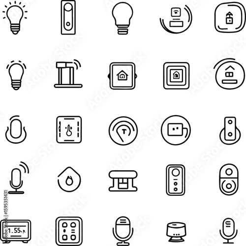 smart home and IoT device line icons in black and white. Include items like smart light, home automation hub, smart plug, temperature sensor, smart lock, surveillance camera, and voice assistant 7