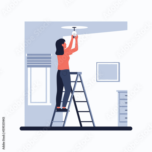 A woman on a stepladder installs a light fixture in a room.