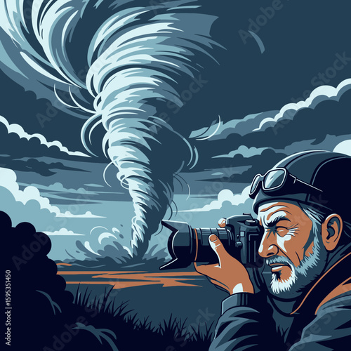 A weathered photographer bravely captures a powerful, swirling tornado's destructive force during a dramatic, stormy night.