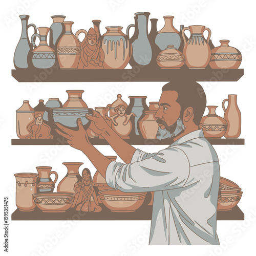 Man arranging pottery on shelves filled with vases, jugs, bowls, and figurines in a workshop or studio.