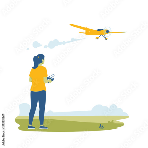 A woman controls a yellow model airplane flying above a green field with scattered clouds.